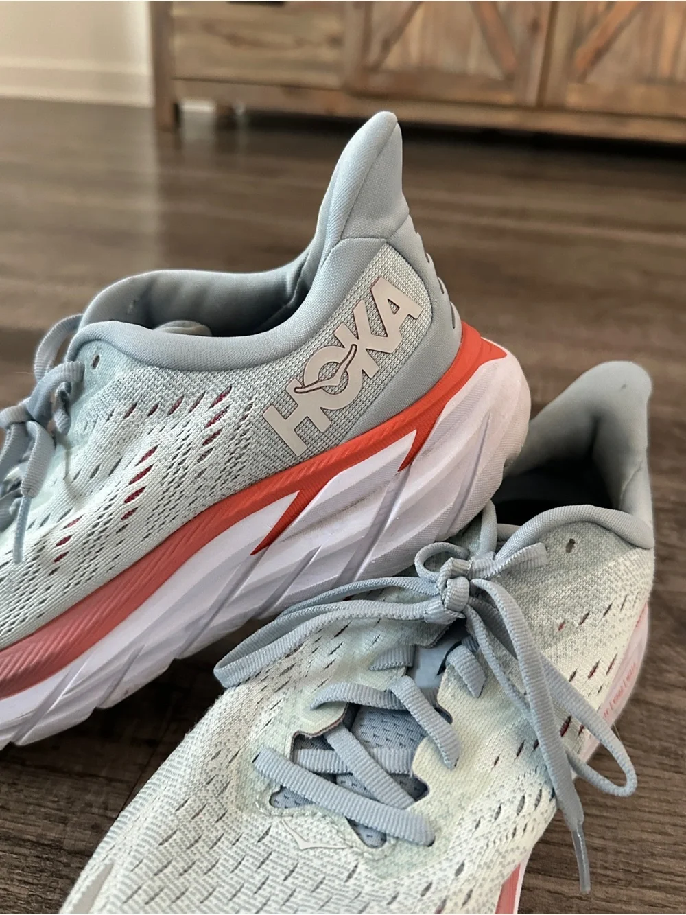Hoka Women's Pale Blue Running Sneakers with Coral Accent